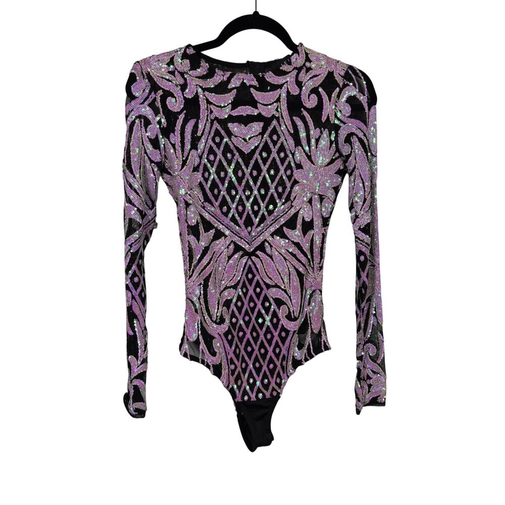 AKIRA Bodysuit Womens Small Black Pink Sequin Mesh Long Sleeve Mock Neck